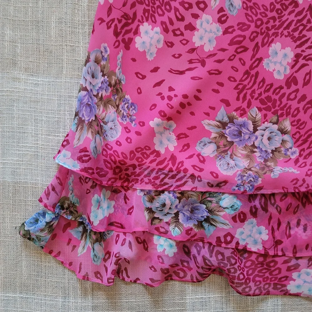 y2k McBling Mobwife Leopard Print & Floral Ruffled Midi Skirt - Picture 2 of 6